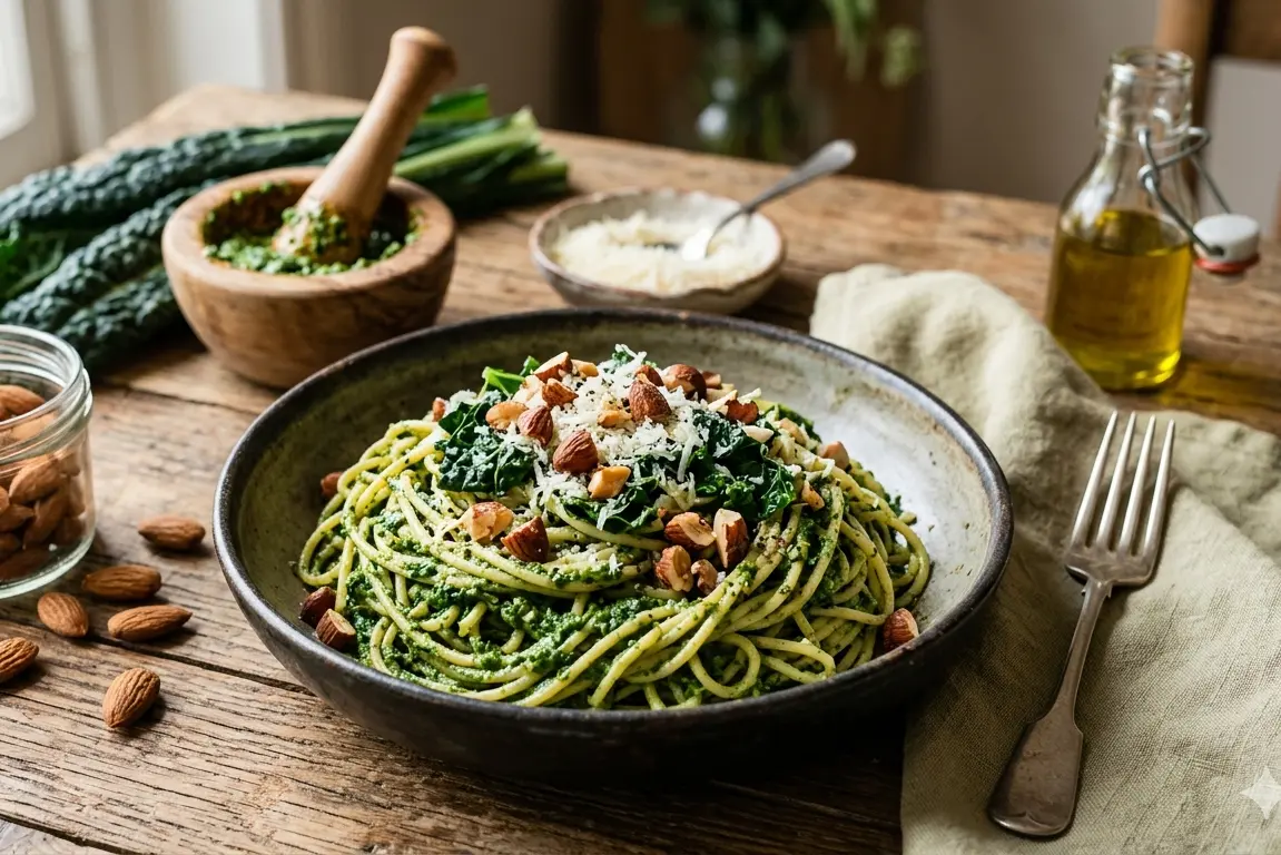 spaghetti con pesto di cavolo nero
